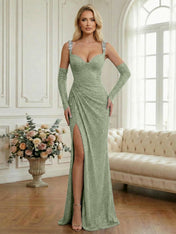 Light Blue Sequin Mermaid Matching Opera Gloves Long Prom Dress with Slit