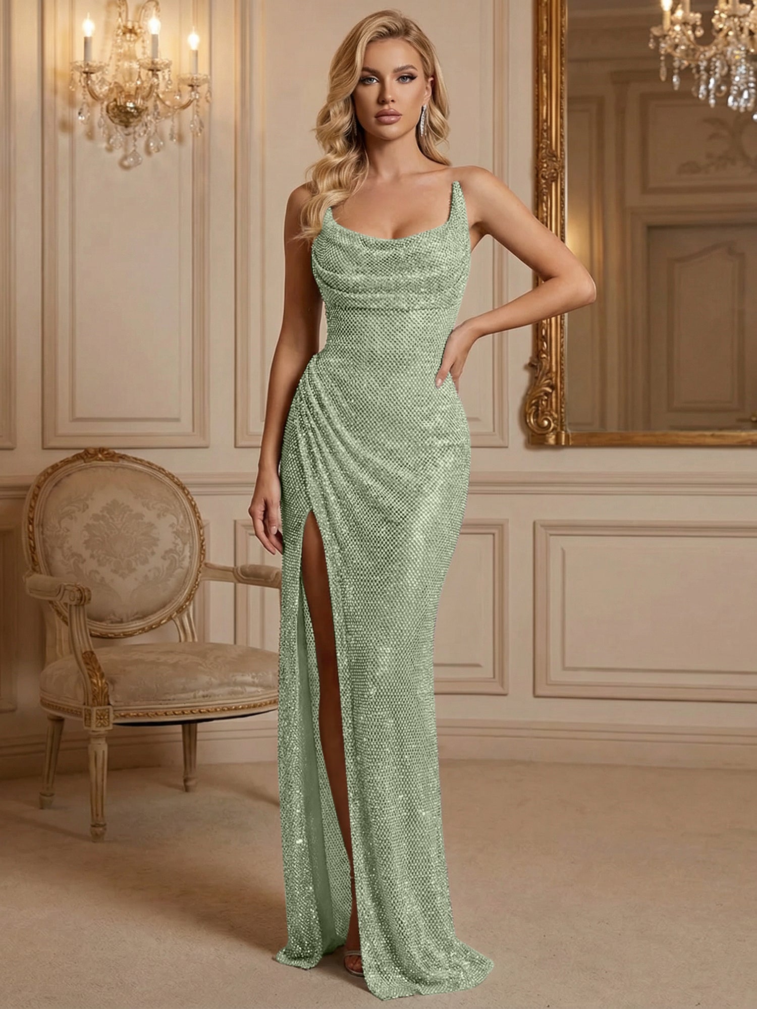 Silver Sequin Cowl Neck Ruched Long Prom Dress with High Slit