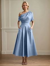 A Line Satin One Shoulder Pleated Ankle Length Mother of the Bride Dress