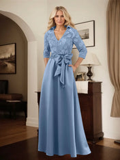 Classic V-Neck Bow Accented Satin Mother Of The Bride Dress With Lace