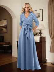 Classic V-Neck Bow Accented Satin Mother Of The Bride Dress With Lace