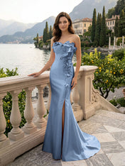 Pink Sweetheart Neckline 3D Flower Embellished Mermaid Evening Gown Maxi Dress