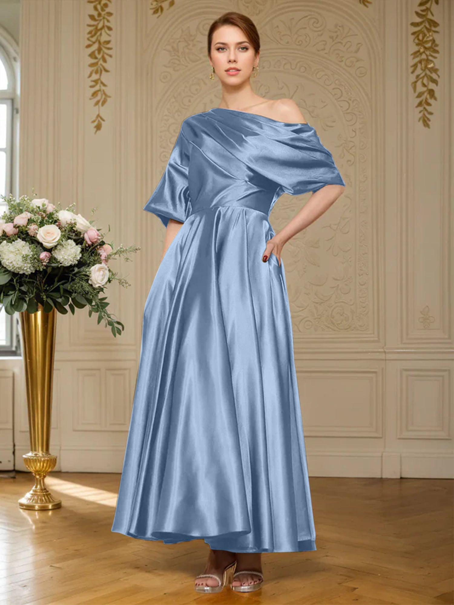 A-line Short Sleeves Pleated Ankle-Length Silk like Satin Mother of the Bride Dress