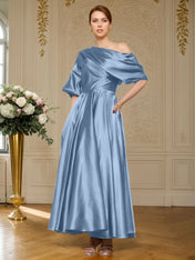 A-line Short Sleeves Pleated Ankle-Length Silk like Satin Mother of the Bride Dress