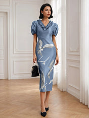 Black Folds V Neck Puff Sleeve Midi Sheath Dress