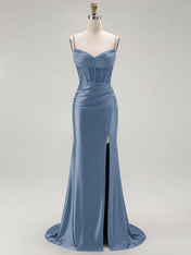 Sparkly Satin Mermaid Long Corset Prom Dress with Beading
