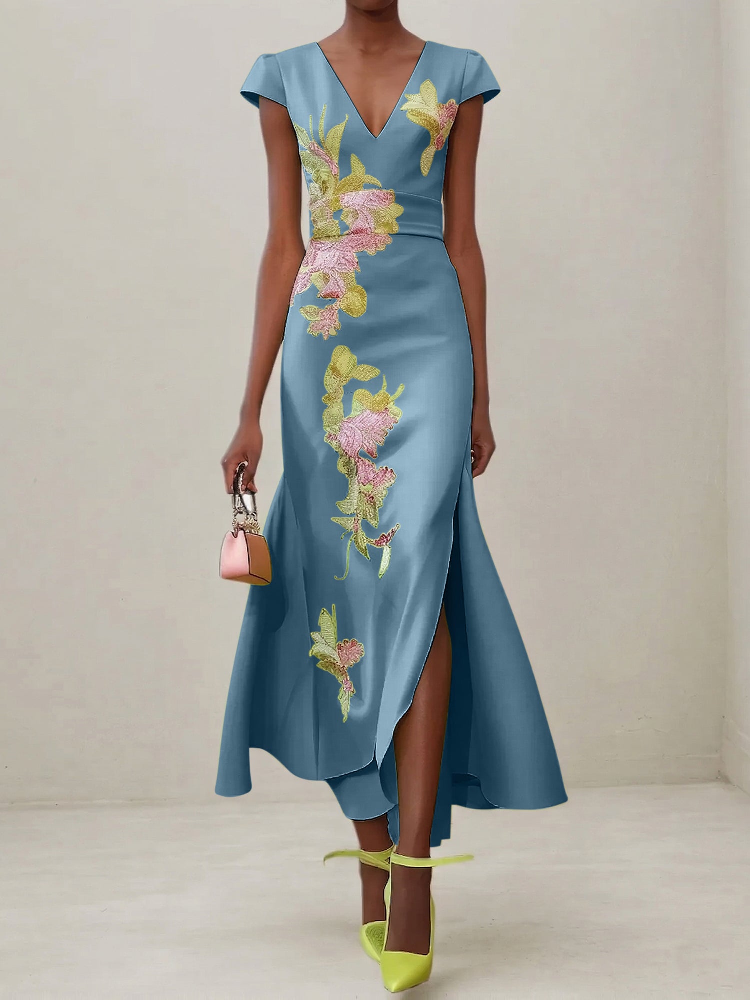 Green Floral V Neck Embroidered Cap Sleeve Slit Sheath Maxi Dress