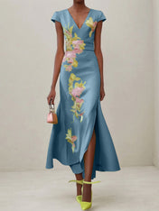 Green Floral V Neck Embroidered Cap Sleeve Slit Sheath Maxi Dress