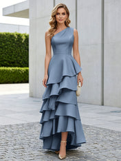 One Shoulder Tiered Ruffle Satin Mermaid Evening Gown with Sculptural Layers