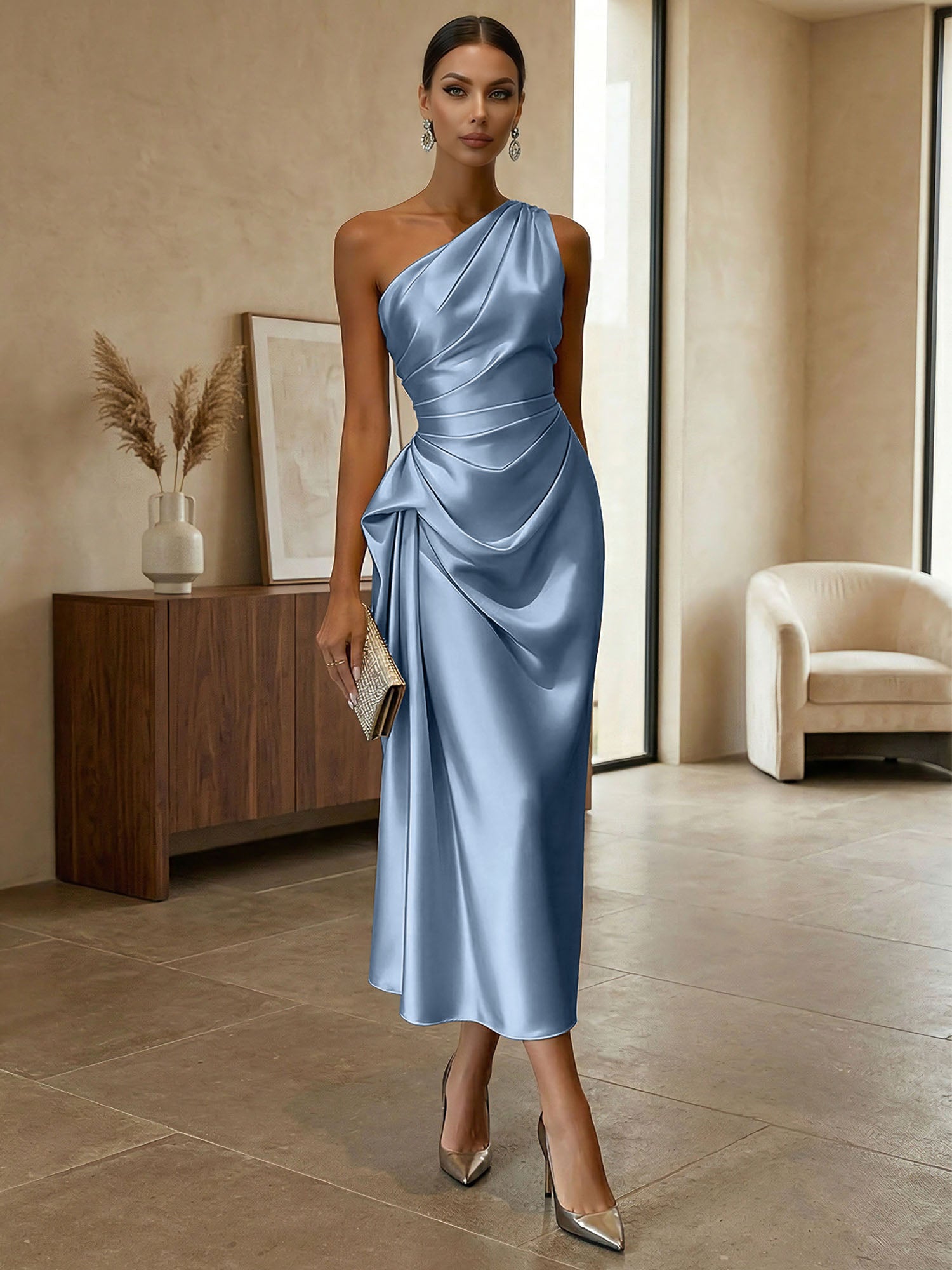 Champagne Ruched Satin One Shoulder Sleeveless Sheath Midi Dress