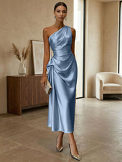 Champagne Ruched Satin One Shoulder Sleeveless Sheath Midi Dress
