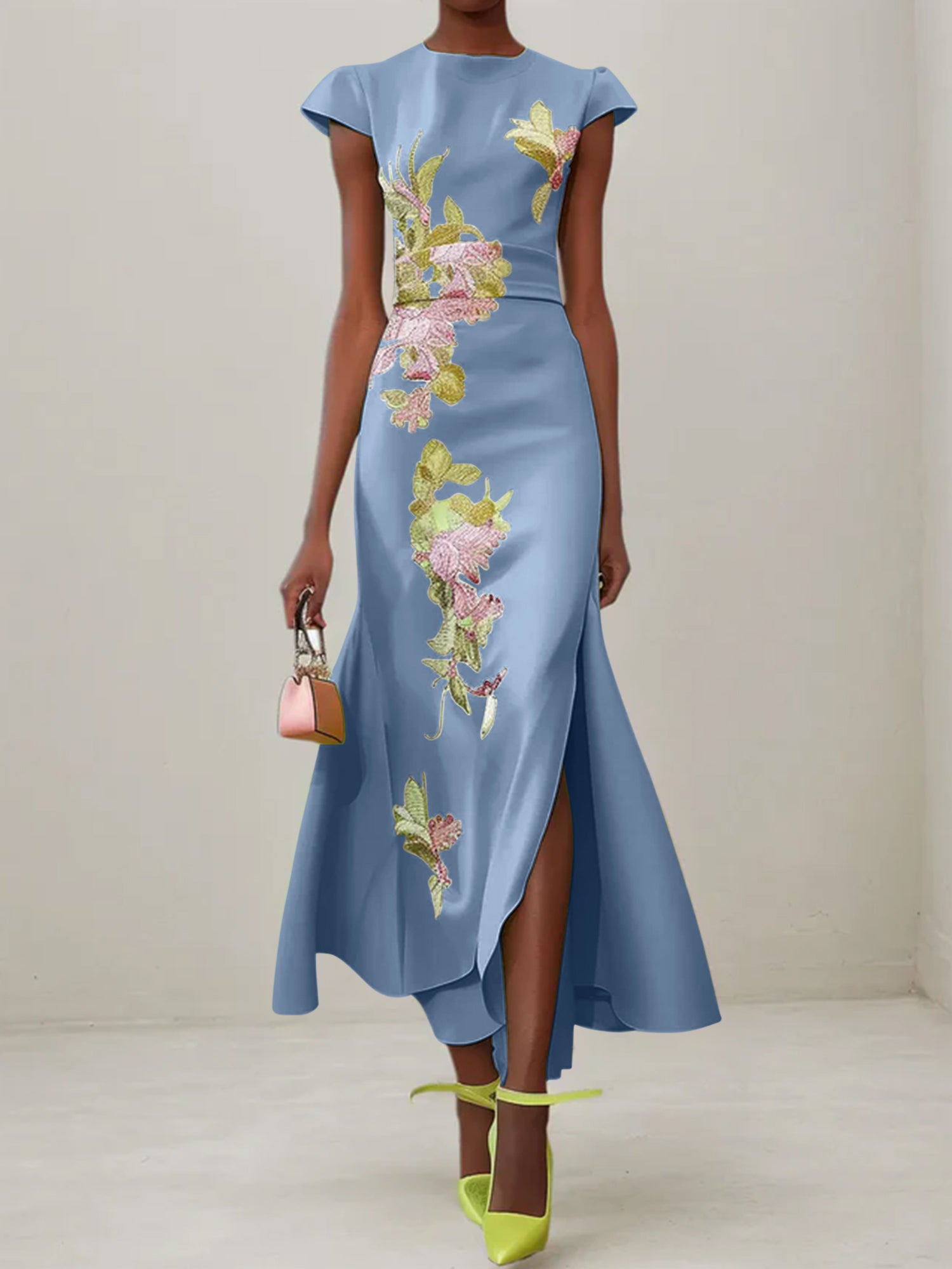 Green Floral Embroidered Cap Sleeve Slit Sheath Maxi Dress
