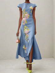 Green Floral Embroidered Cap Sleeve Slit Sheath Maxi Dress