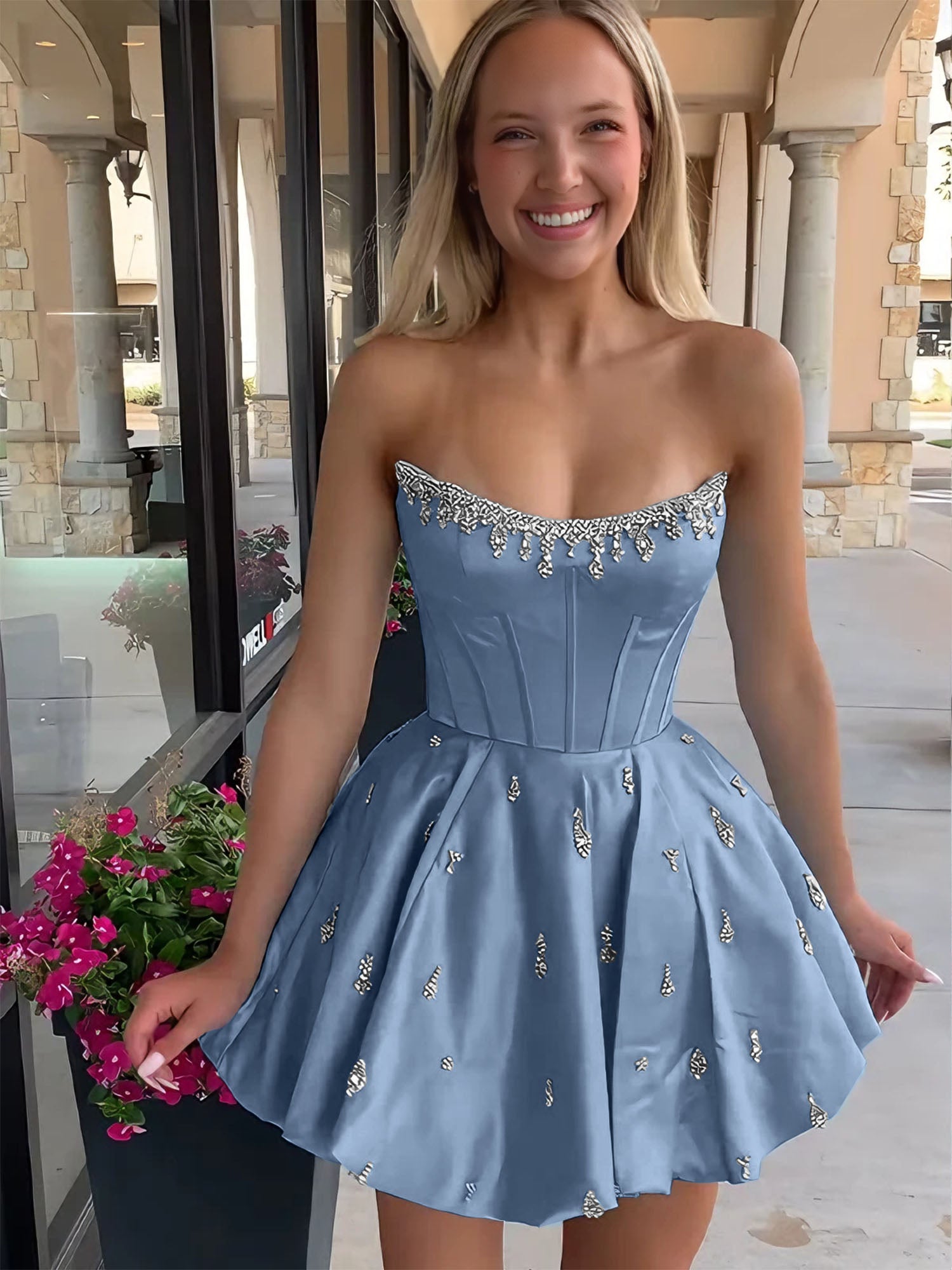 Sparkly Satin A Line Short Corset Homecoming Dress with Rhinestones