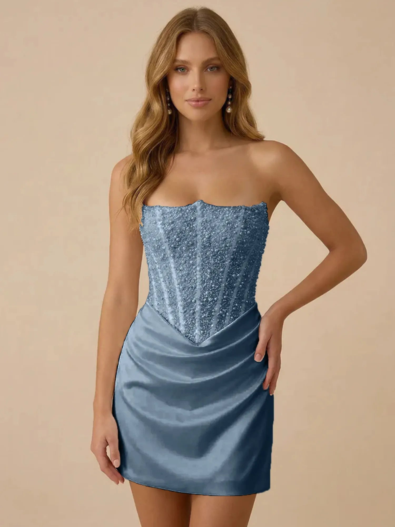 White Strapless Sequin Beaded Satin Short Homecoming Dress with Corset