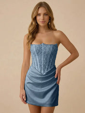 White Strapless Sequin Beaded Satin Short Homecoming Dress with Corset