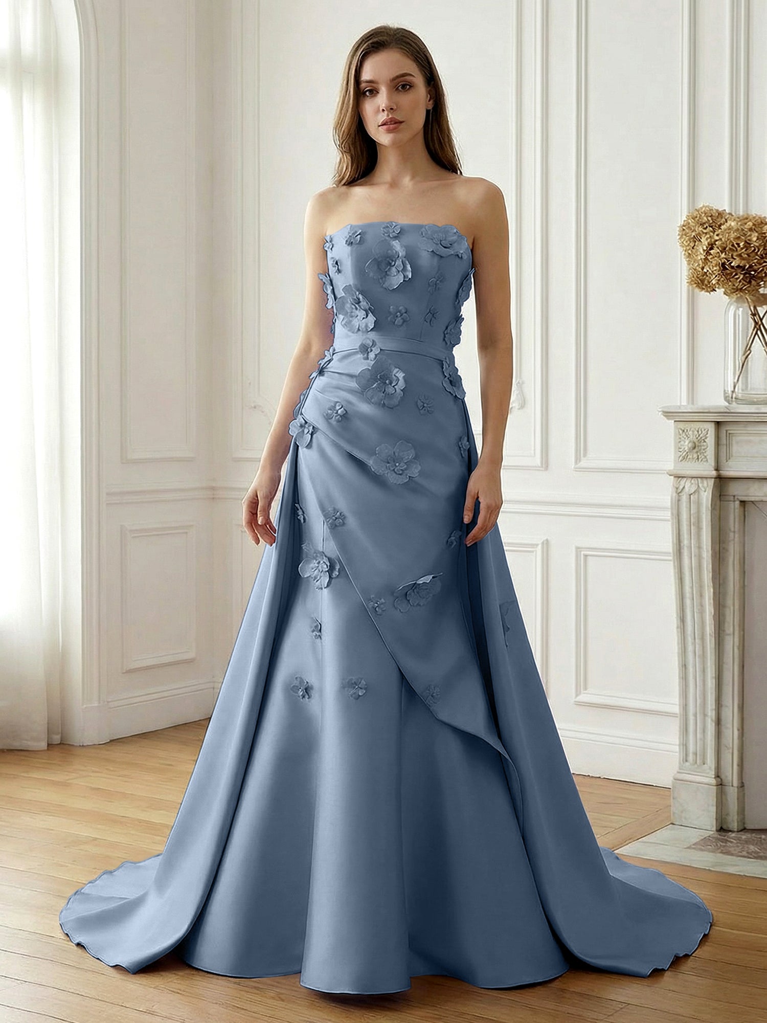 Lavender Satin 3D Floral Strapless A-Line Gown