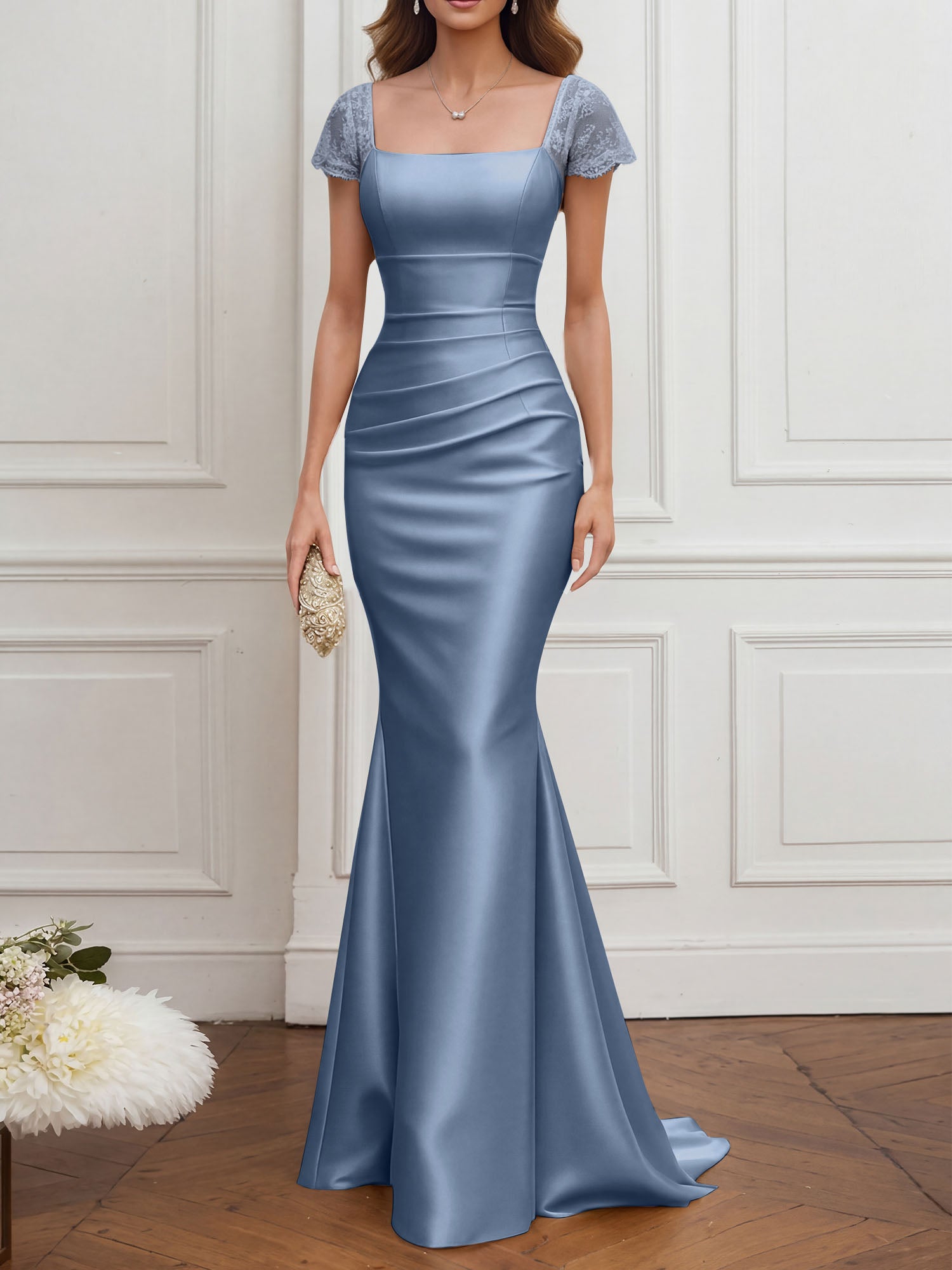 Mother of the Bride Dress Champagne Satin Square Neck Maxi Dress