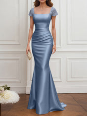Mother of the Bride Dress Champagne Satin Square Neck Maxi Dress