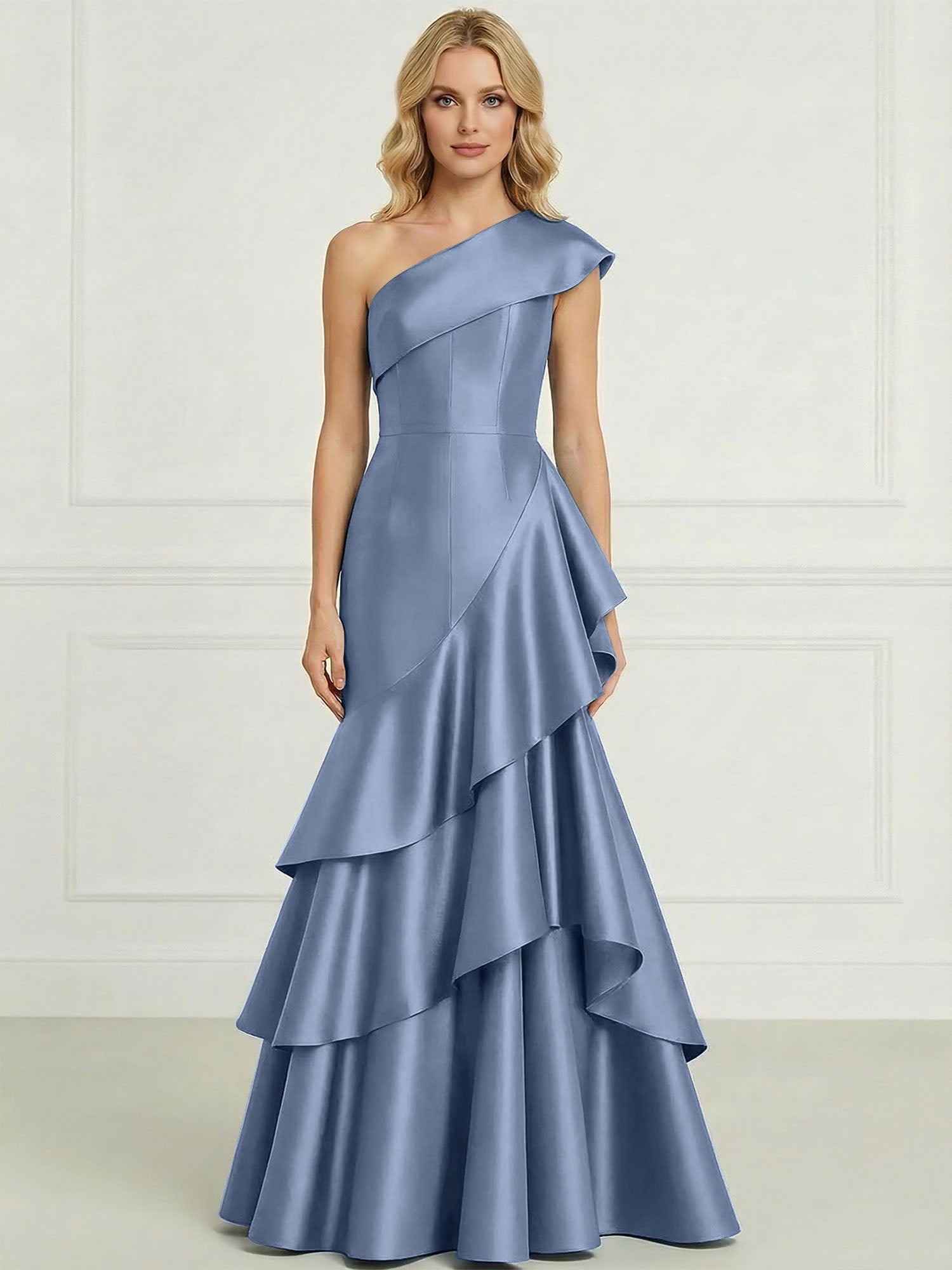 Formal Evening Dress Dark Blue One-Shoulder Satin Tiered Maxi Gown