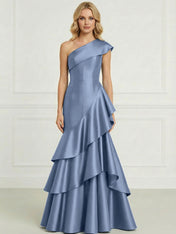 Formal Evening Dress Dark Blue One-Shoulder Satin Tiered Maxi Gown