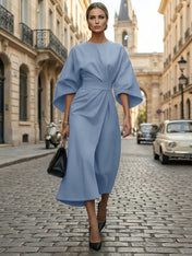 Loose Batwing Sleeve Dress Tight Waist Solid Color Elegant Dresses