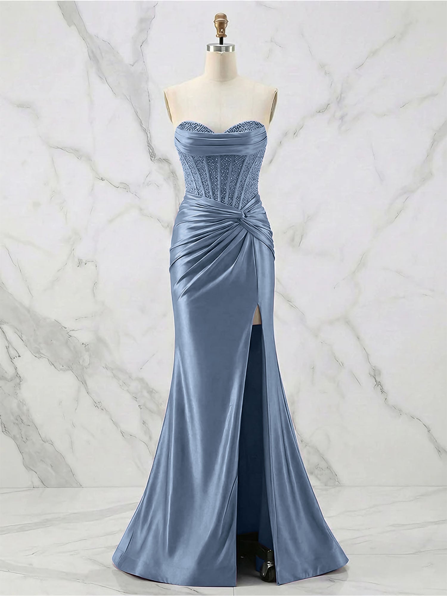 Glamorous Strapless Beaded Corset Satin Prom Dress with Slit