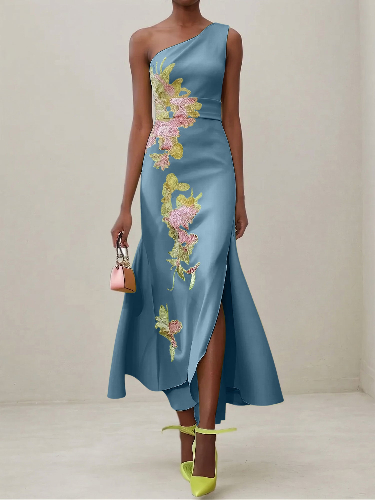 Green Floral One Shoulder Embroidered Cap Sleeve Slit Sheath Maxi Dress
