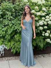 Blue A Line V-neck Beaded Back Tie Long Prom Dress
