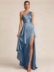 Sleek Foraml Evening Gown Midnight Navy One-Shoulder Satin Slit Maxi Dress