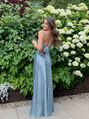 Blue A Line V-neck Beaded Back Tie Long Prom Dress