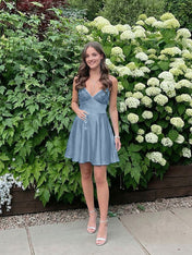 Blue A Line V-neck Beaded Back Tie Short Homecoming Mini Dress