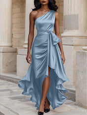 Glamorous Formal Dress Midnight Navy One Shoulder High-Low Satin Gown Midi Dress