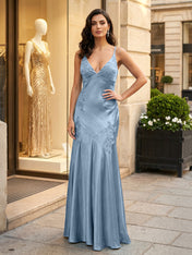 Green Appliques Soft Satin Long Prom Party Dress