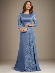 A-Line Scoop Floor-Length Lace Satin Mother Of the Bride Dress With Applique
