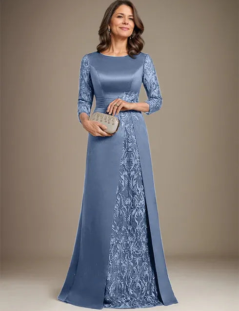 Robe de mère de la mariée en satin et dentelle, coupe trapèze, longueur au sol, avec appliques 