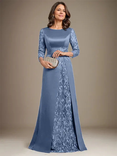 A-Line Scoop Floor-Length Lace Satin Mother Of the Bride Dress With Applique