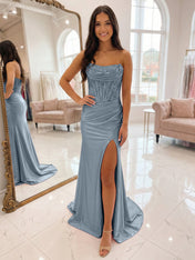Romantic Pink Satin Corset Slit Prom Dress with Beaded Bodice
