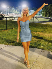 Playful Ice Blue Glitter Corset Short Homecoming Dress Mini Dress