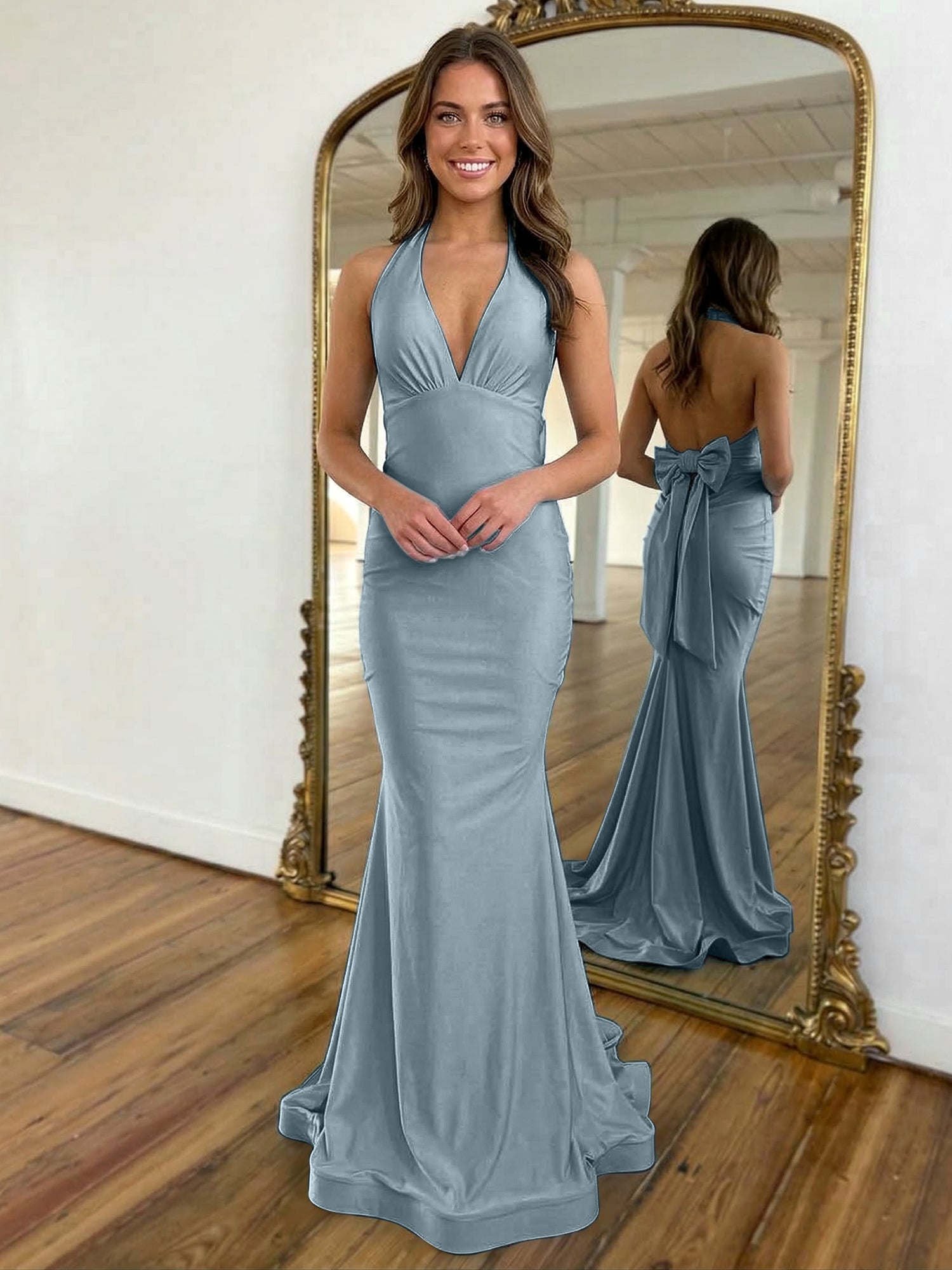 Light Blue Mermaid Halter Backless Long Prom Dress