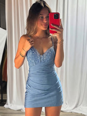 Beaded V Neck Corset Bodice Homecoming Dress