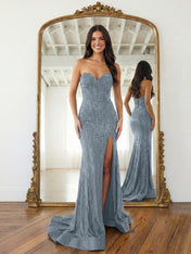 Navy Blue Strapless Sequin Prom Dress with Linear Beading