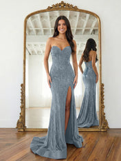 Navy Blue Strapless Sequin Prom Dress with Linear Beading