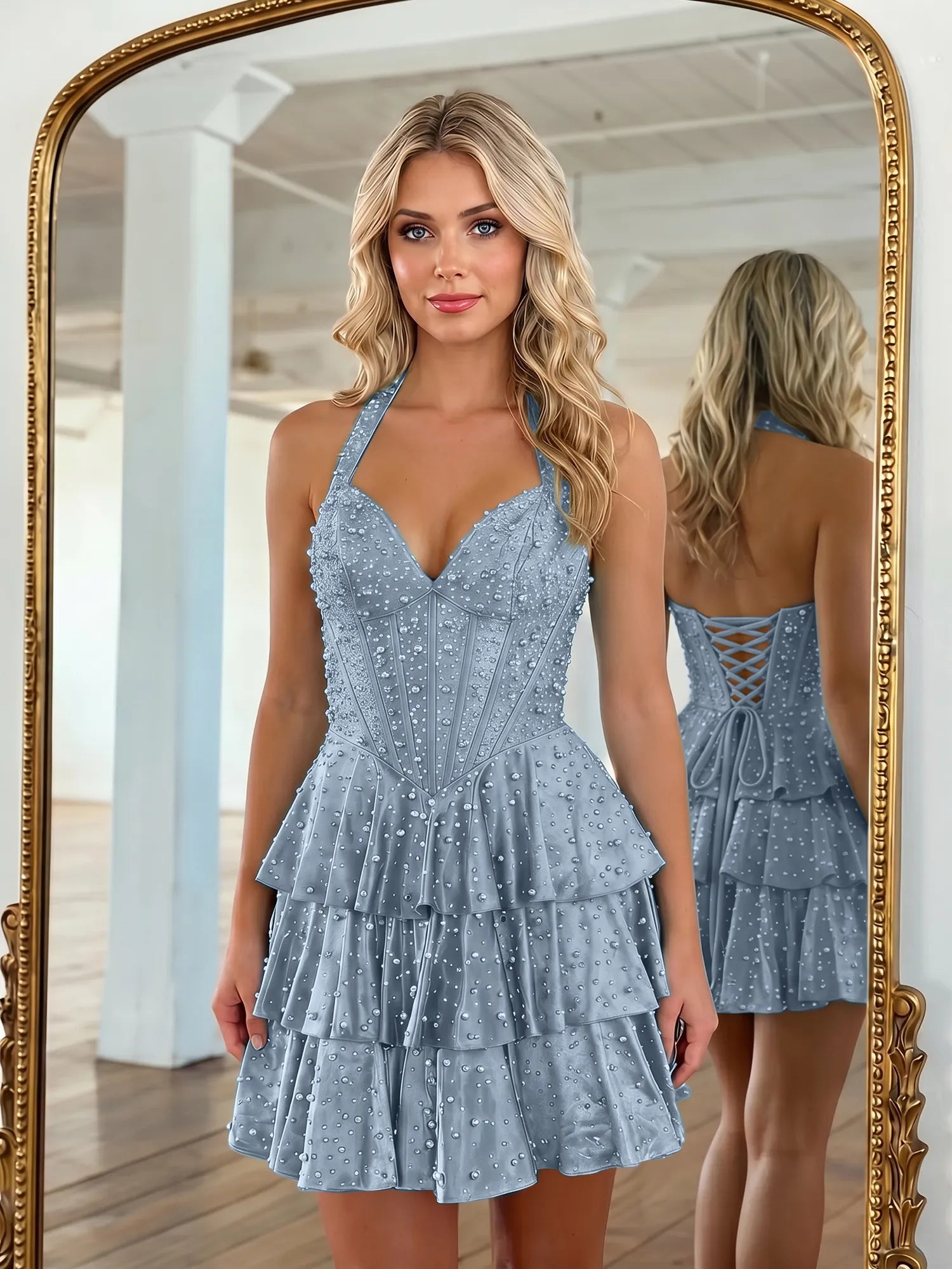 Halter Neck Pearl Beaded Tiered Short Homecoming Dresses
