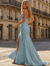 Yellow Beaded Halter Corset Prom Dress with High Slit