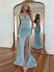 Hot Pink Lace-Up Back Corset Shimmer Prom Dresses with Slit