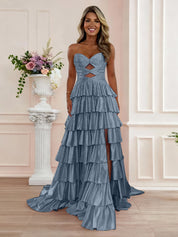 A Line Strapless Sweetheart Satin Prom Dress with Keyhole