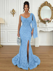 Glamorous Ice Blue One-Shoulder Sequin Corset Mermaid Prom Dresses with Slit