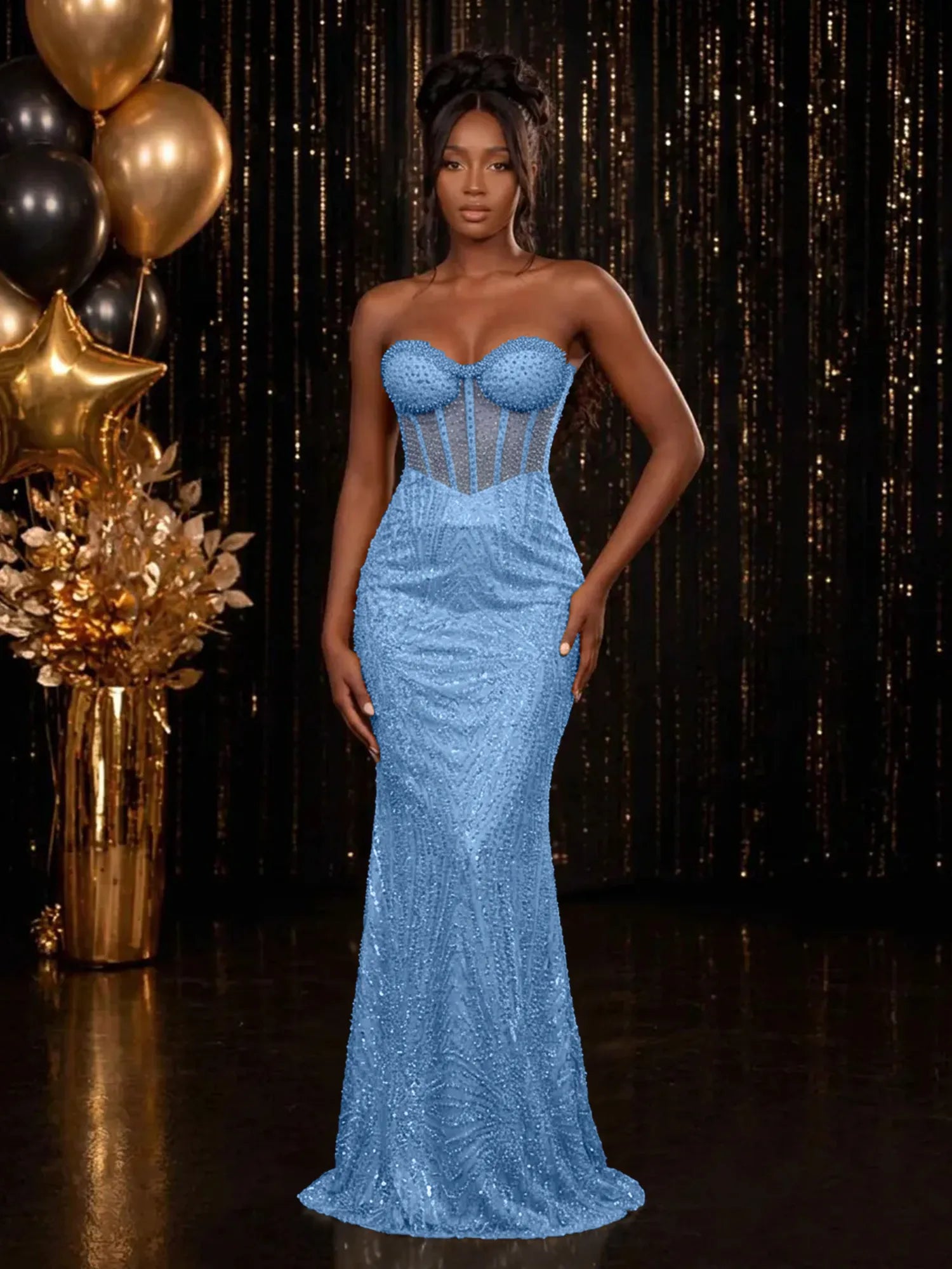 Strapless Sequin-Accented Mermaid Prom Dress with High Slit