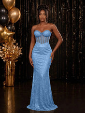 Strapless Sequin-Accented Mermaid Prom Dress with High Slit